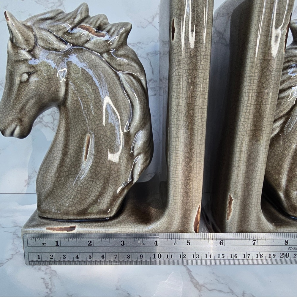 Vintage MCM Ceramic Horse Head Bookends Crackle Glaze Equestrian Decor Set - Picture 13 of 15